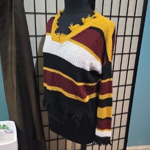 Chic V-Neck Sweater with Bold Stripes